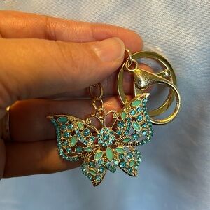 Butterfly Keychain Purse Charm - Blue Rhinestones Gold Tone NWOT
